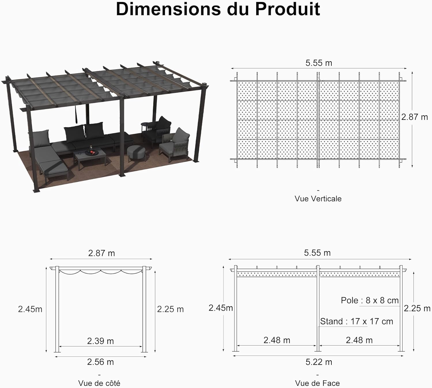PURPLE LEAF - Pergola aluminium 5,5x3m, éclairage LED, toit rétractable