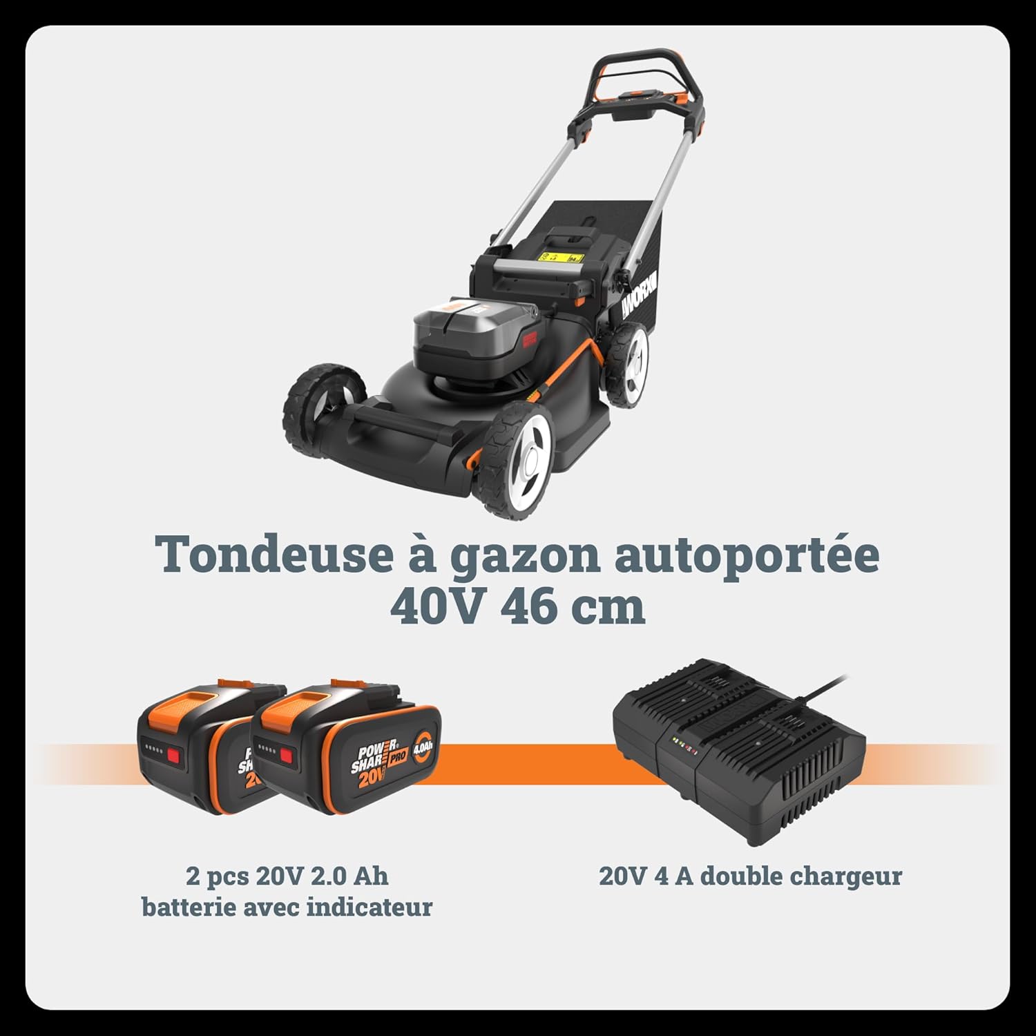 WORX - Tondeuse sans fil Brushless, 46cm, 40V, 55L, mulching, WG749E