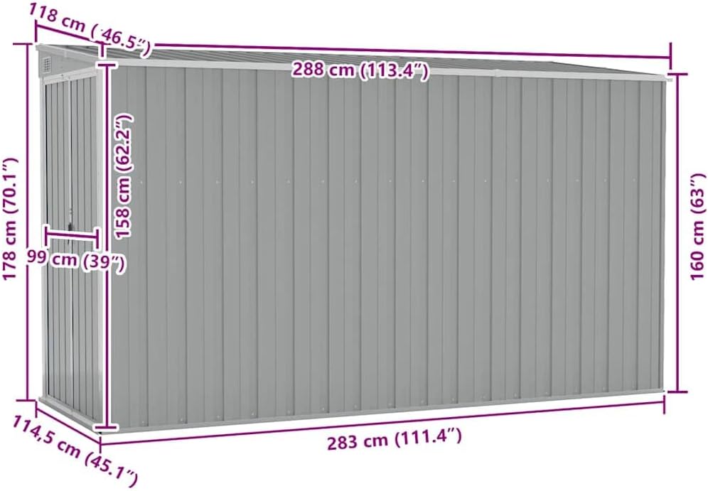 vidaXL Abri de Jardin Mural Abri de Rangement d'Outils Rangement d'Equipement de Jardin Extérieur Gris 118x288x178 cm Acier Galvanisé