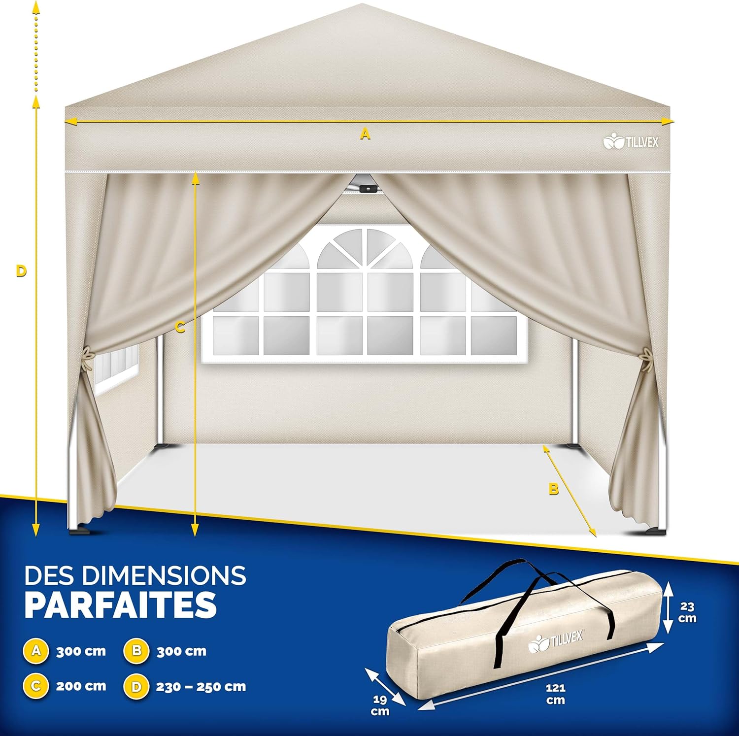 Tillvex - Tonnelle pliante série Jardin - 3x3m, réglable, UV50+, 4 côtés