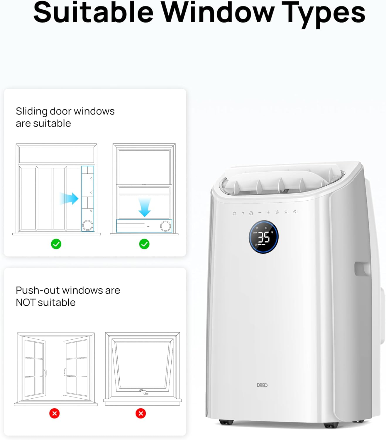 DREO - climatiseur portable série 10 000 BTU, silencieux, contrôle app, 24h timer