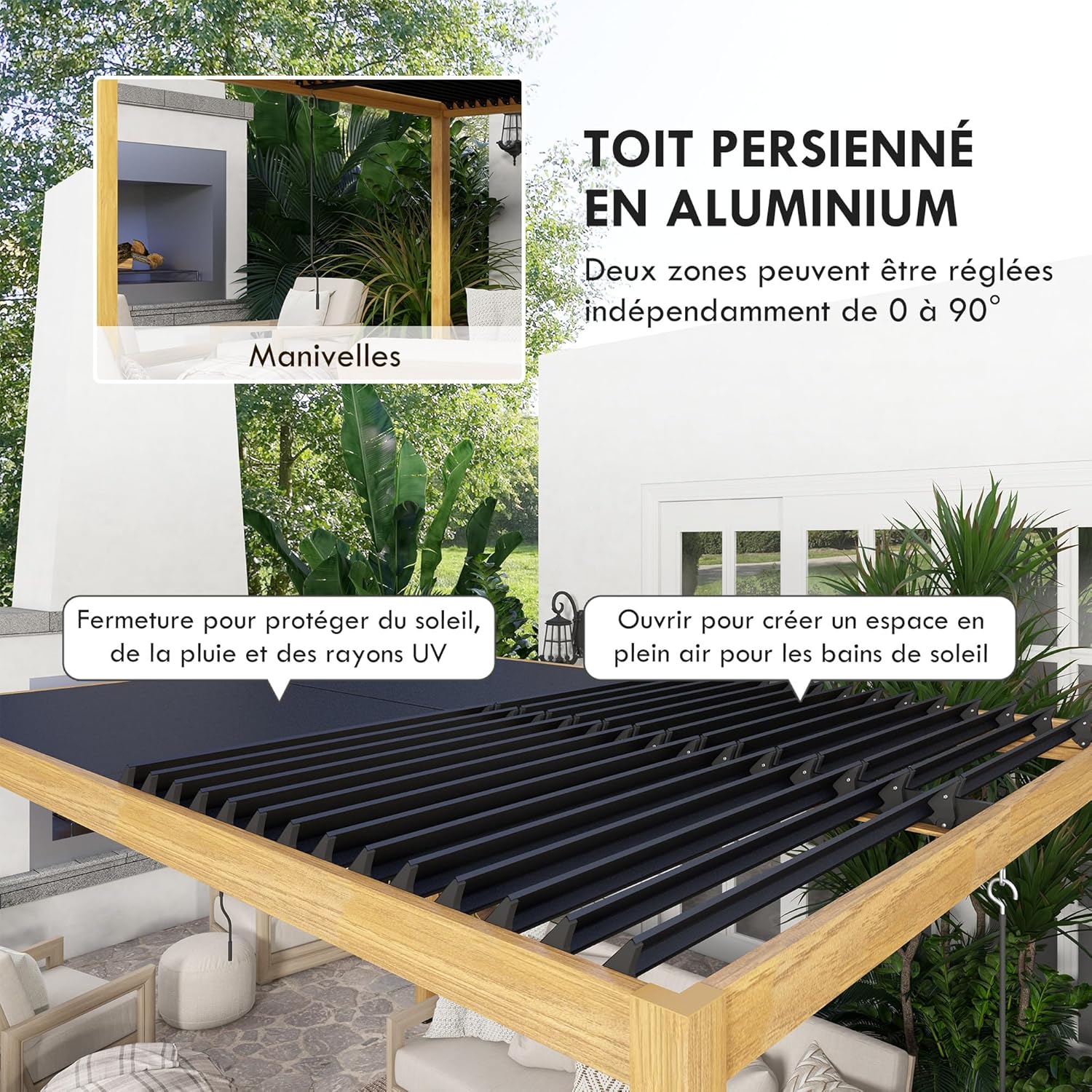 Outsunny - pergola bioclimatique aluminium 3x4m, lames orientables, noir effet bois