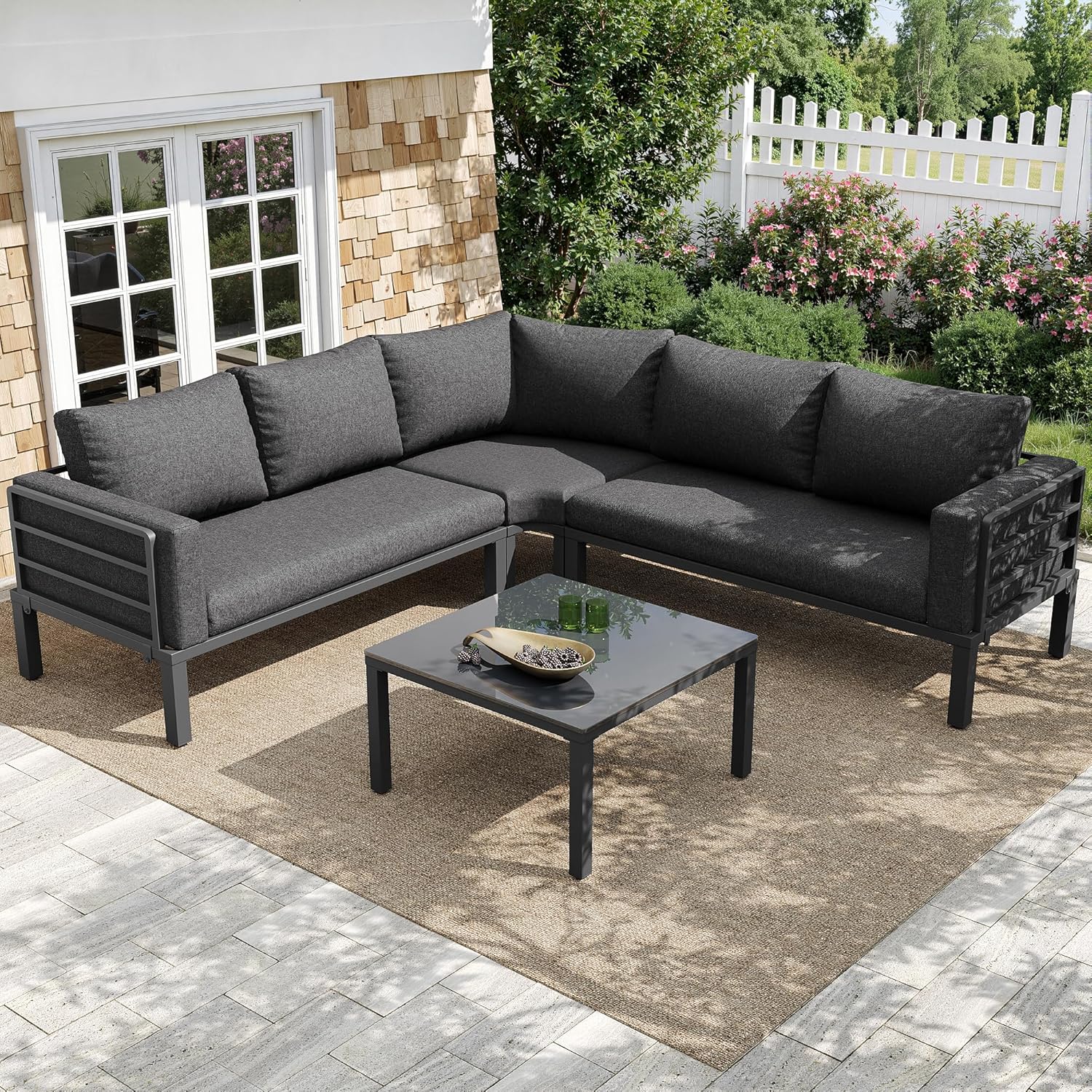 Sapgaks - Salon de jardin D-Gris - 4-5 pers - Fer, verre trempé, coussins, pieds réglables