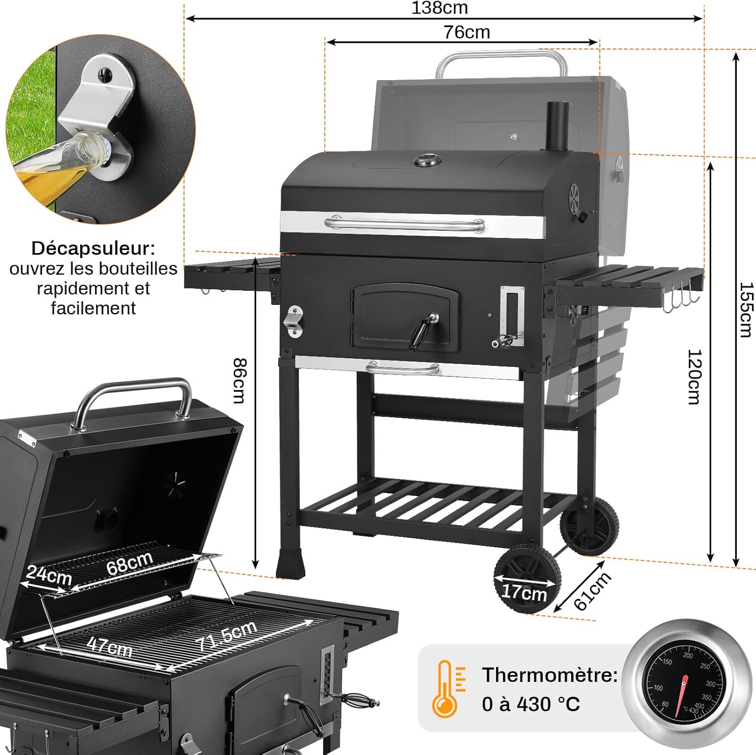 LIFERUN - Barbecue XXL, charbon, chariot, couvercle, thermomètre, fumoir, hauteur réglable