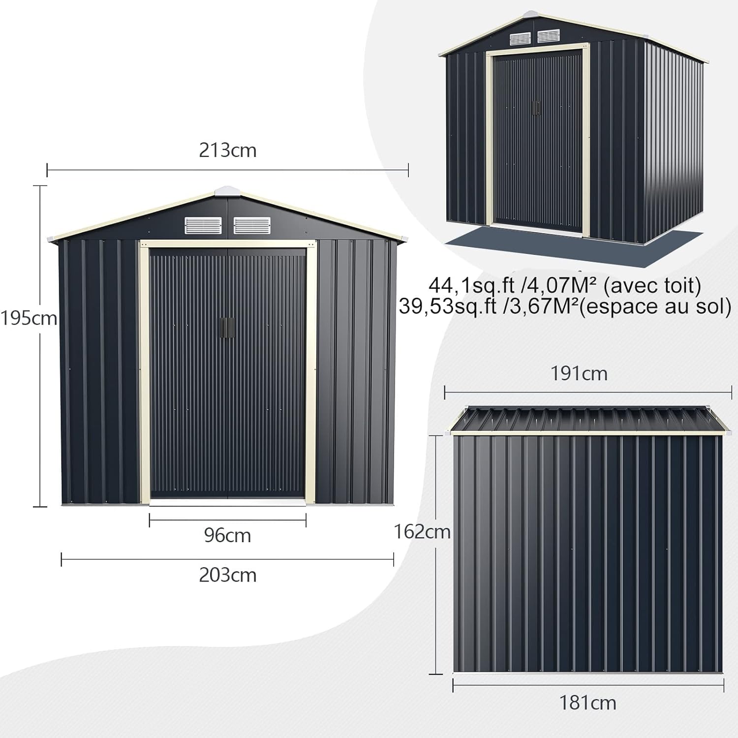 GOPLUS 3,73㎡ Abri de Jardin Métal Galvanisé, Cabine de Jardin Extérieur Portes Coulissantes, Résistant aux Intempérie, Cabane de Rangement Outils, 213 x 191 x 195 cm, Gris