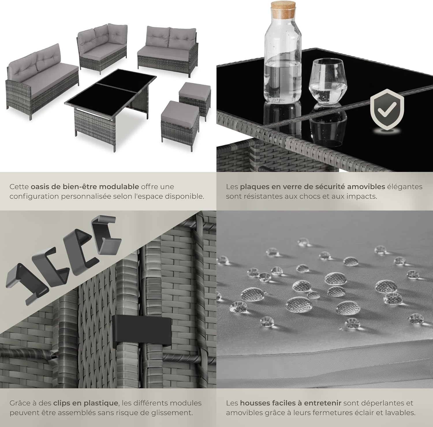 Tectake - Ensemble modulable rotin, canapé d’angle, table verre, poufs, coussins, 220x150x70 cm