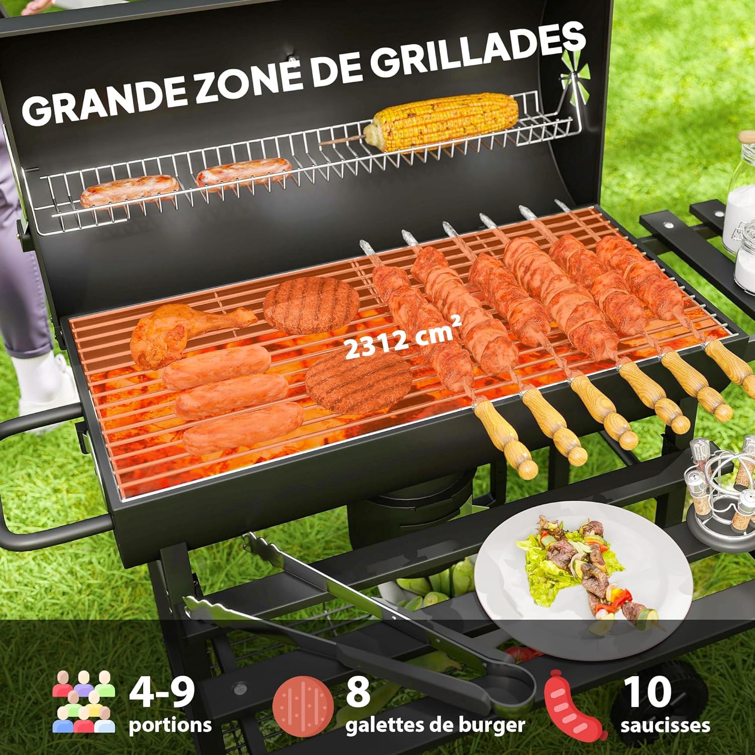 Outsunny - barbecue charbon de bois - grande taille - grille, couvercle thermomètre, roues, tablette pliable