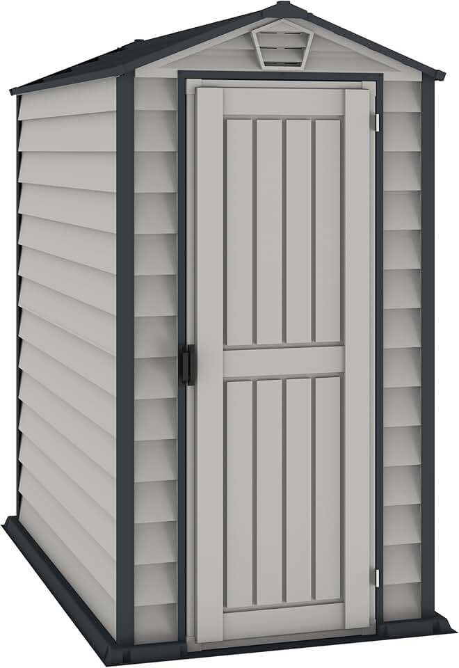Duramax EverMore 4 x 6 (1.99 m²) Abri de jardin en plastique, solution de stockage extérieur ignifuge et tout temps, avec plancher en plastique, abri en vinyle sans entretien, Adobe & Grey