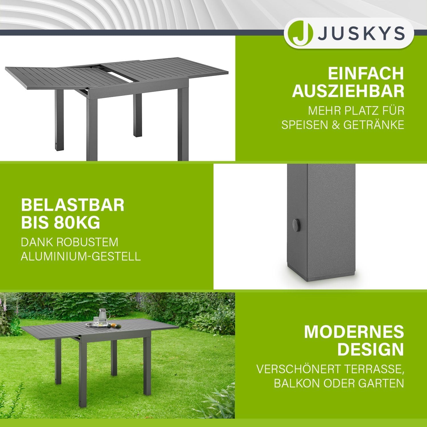 Juskys - Laki - 80x80 cm extensible - Table aluminium balcon jardin