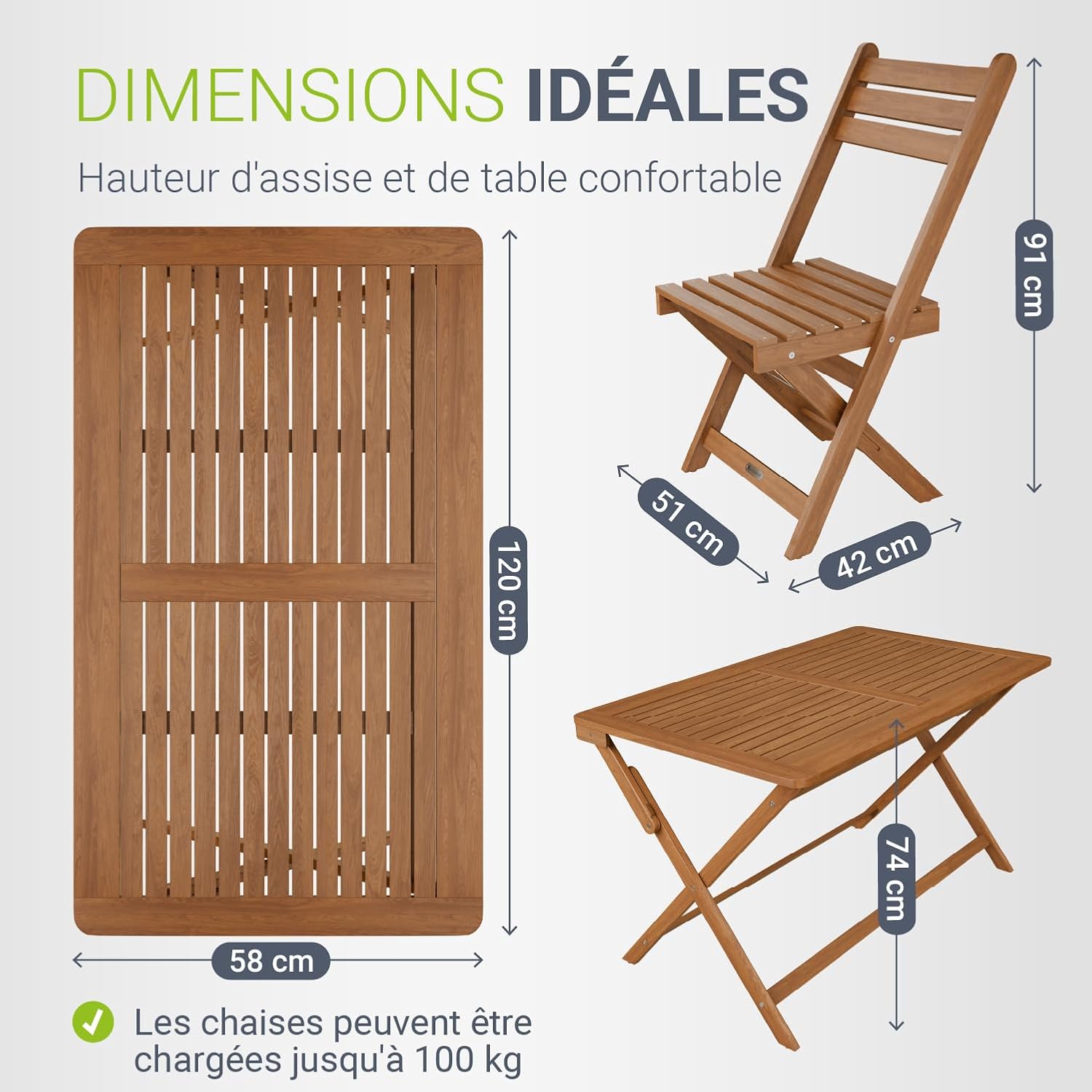 Juskys - Rimini - set 4 chaises et table acacia, stable, durable