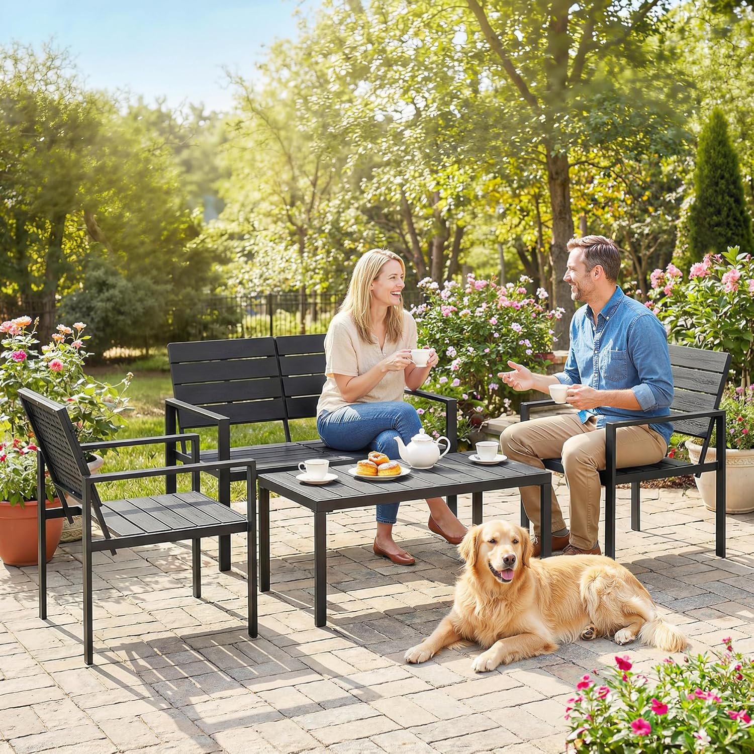 Outsunny - salon de jardin 4 pièces - canapé 2 places, table basse, fauteuils, noir