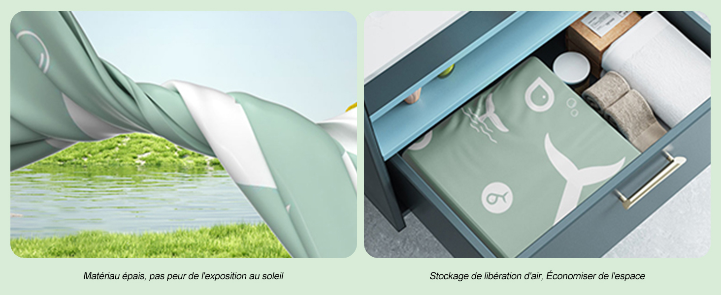 : La gauche montre un tissu texturé vert qui coule sur l'eau. La droite montre un tiroir ouvert avec des articles verts et blancs organisés, y compris des boîtes et des contenants.