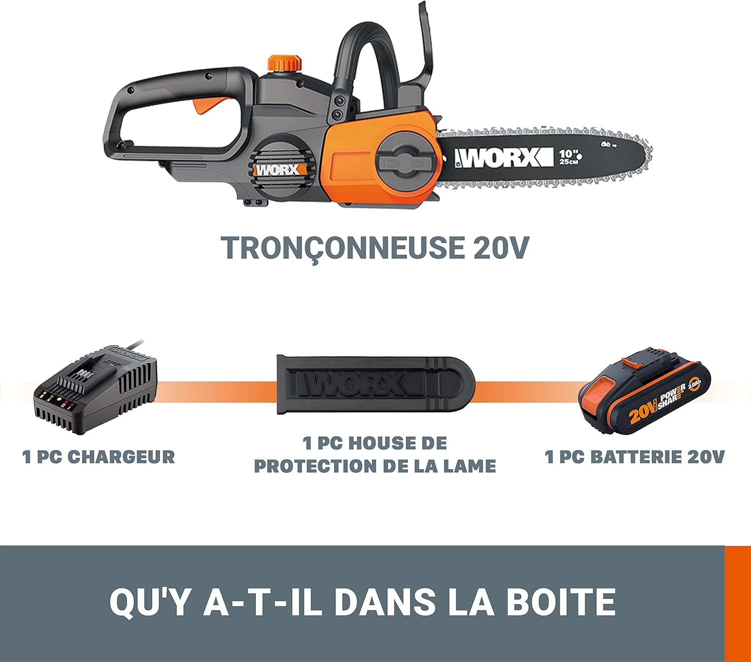 WORX - tronçonneuse sans fil série WG - guide 25cm, légère, 20V, batterie incluse - WG322E.1