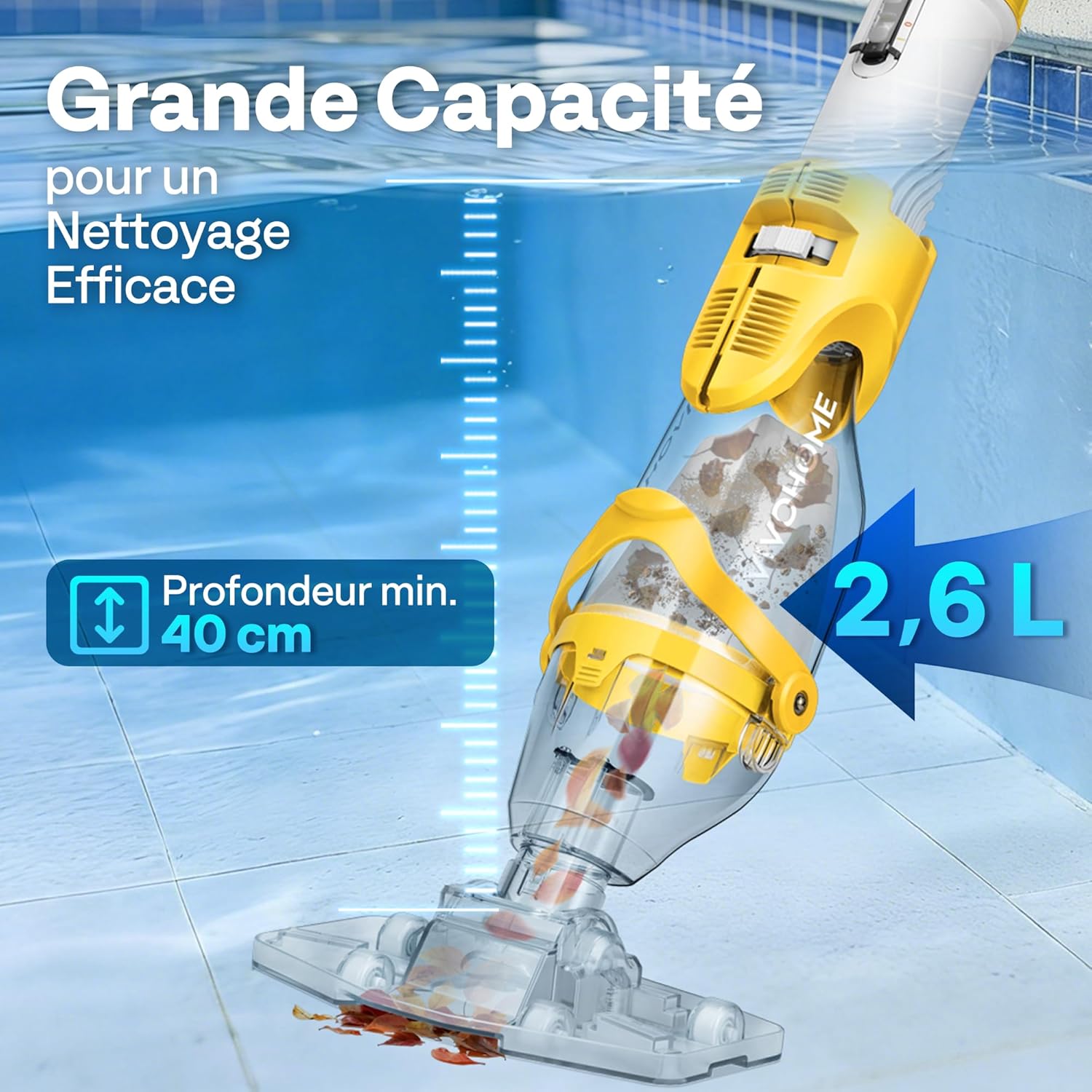 VIVOHOME - Aspirateur piscine sans fil, perche 250cm, 4300LPH, autonomie 75 min, batterie Spa