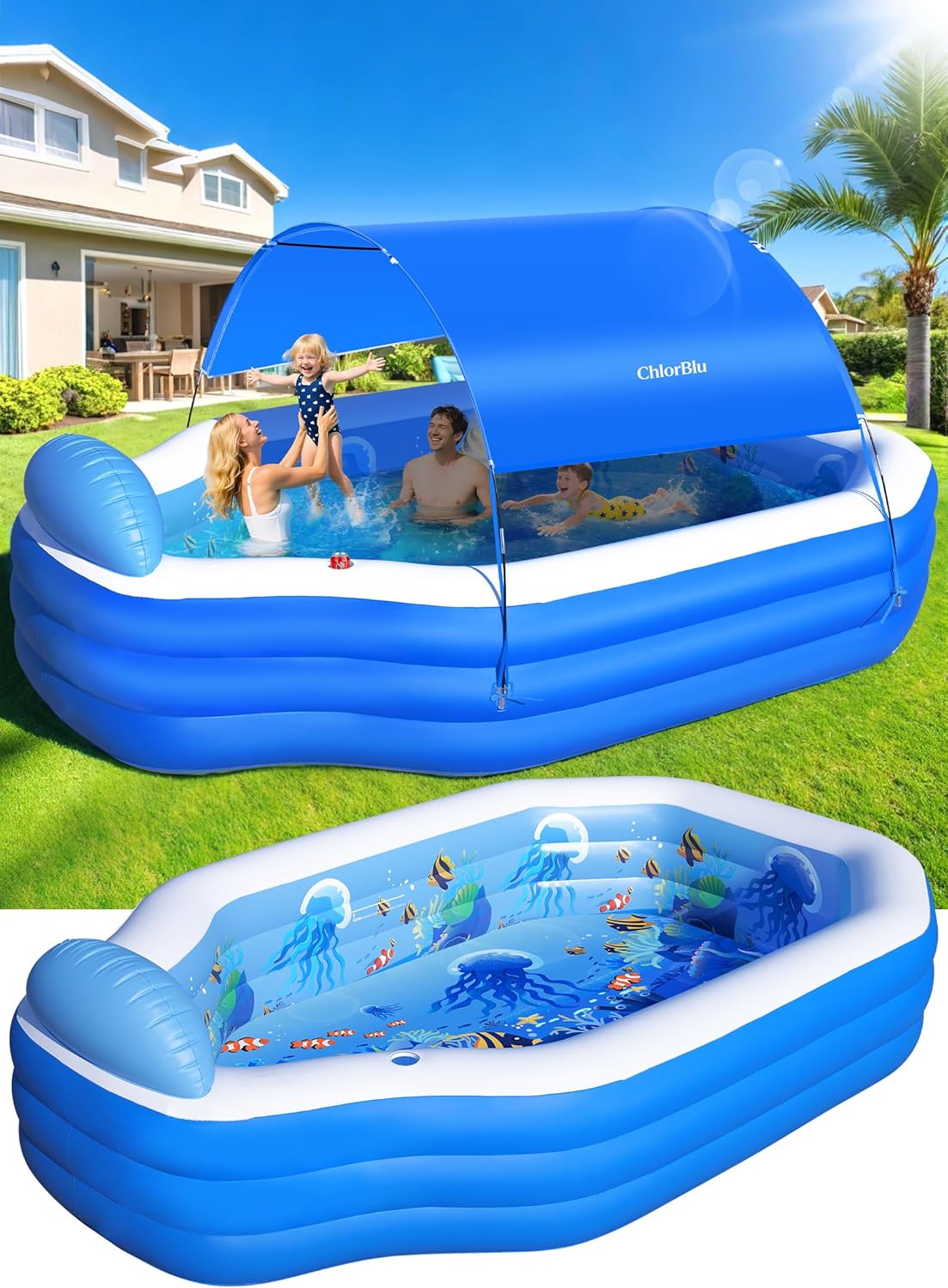 ChlorBlu - piscine gonflable avec auvent, 300x190x55cm, sièges, familiale