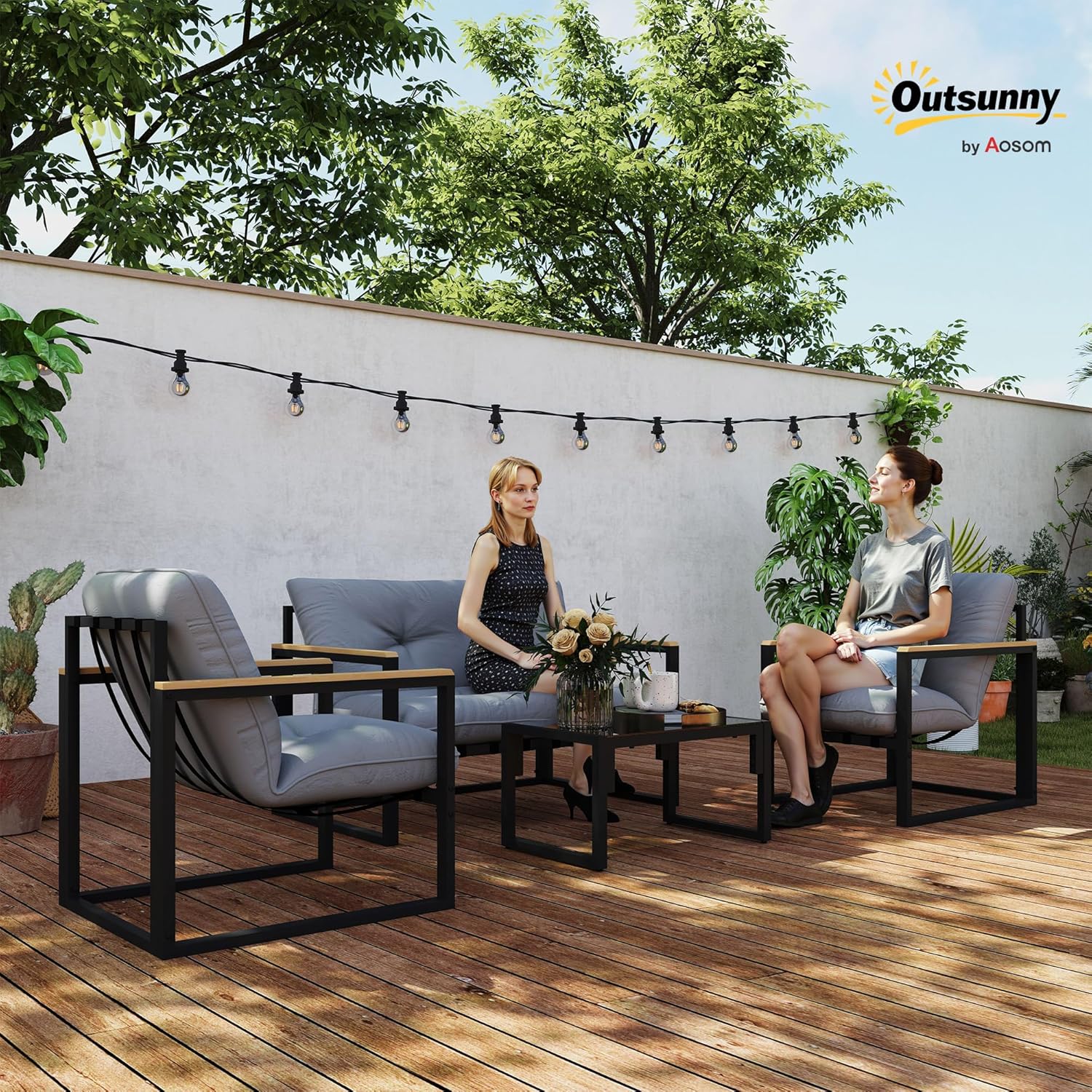 Outsunny - Salon de jardin 4 places - canapé, 2 fauteuils, table en verre, coussins inclus, gris