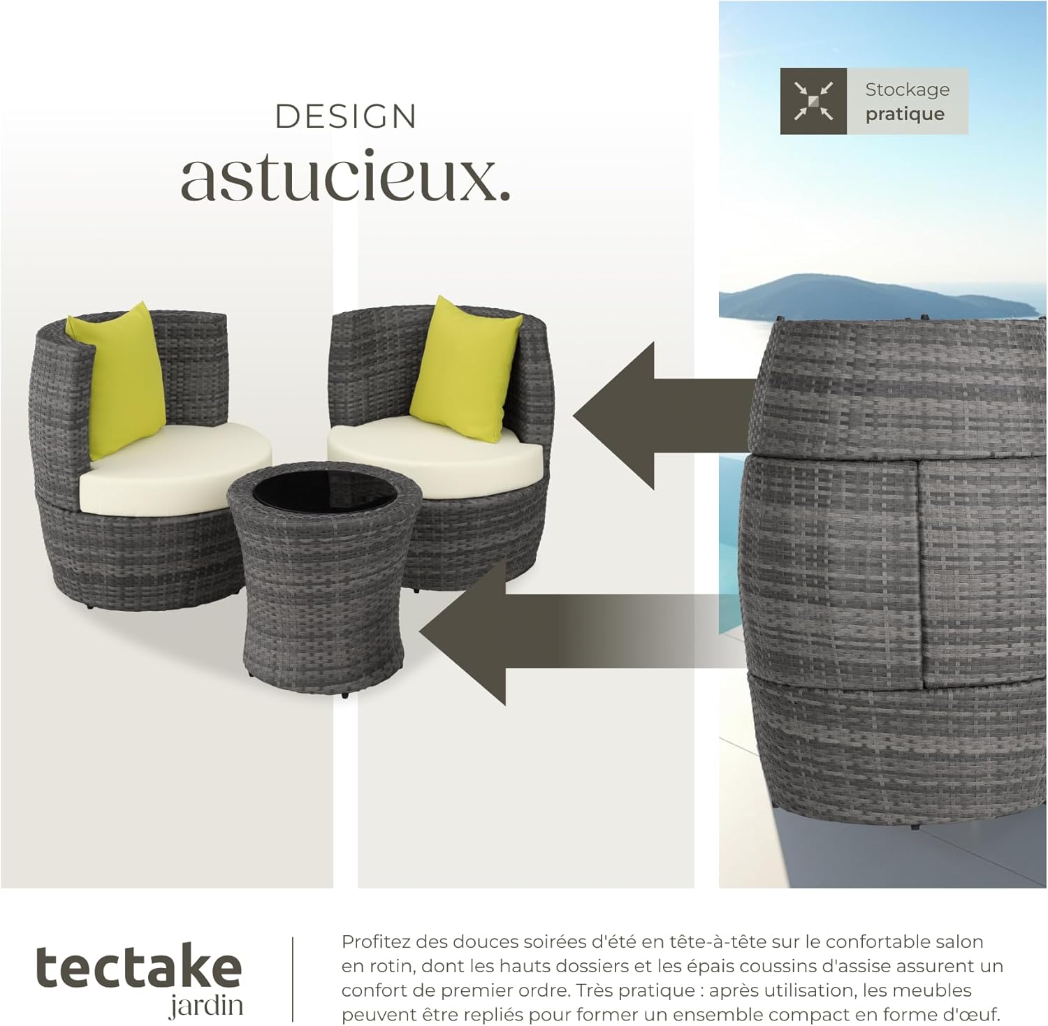 tectake - Salon de jardin encastrable 2 places - Aluminium, polyrotin, coussins et pot de fleur - Idéal balcon terrasse