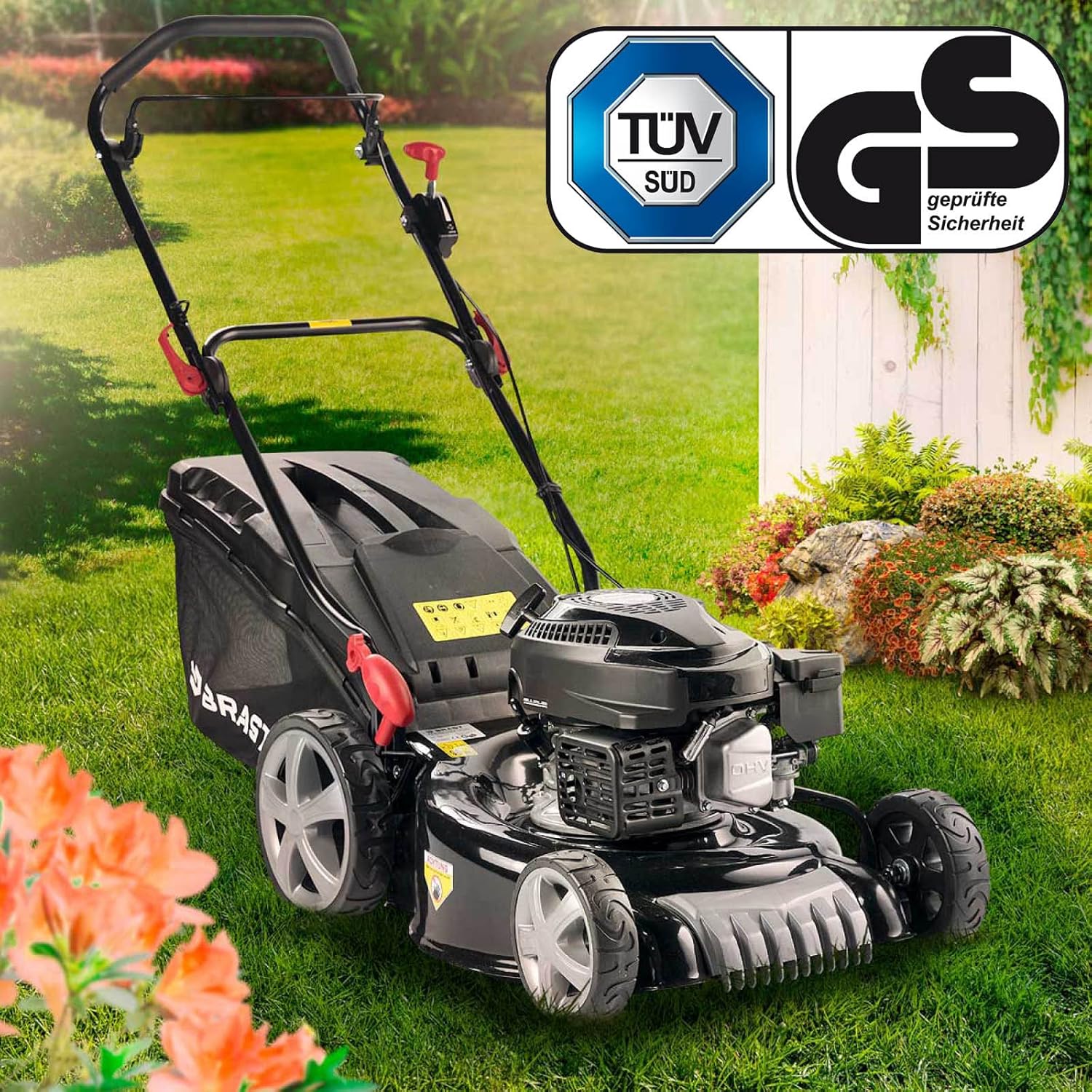 BRAST Tondeuse Thermique tractée 46cm 170 CC mulchig 3,5kW (4,7 CV), 60l -5 MODÈLES Diff.- Moteur 4 Temps Easy Clean, 3en1, châssis en tôle d'acier, Tondeuse Thermique Coupe reglable