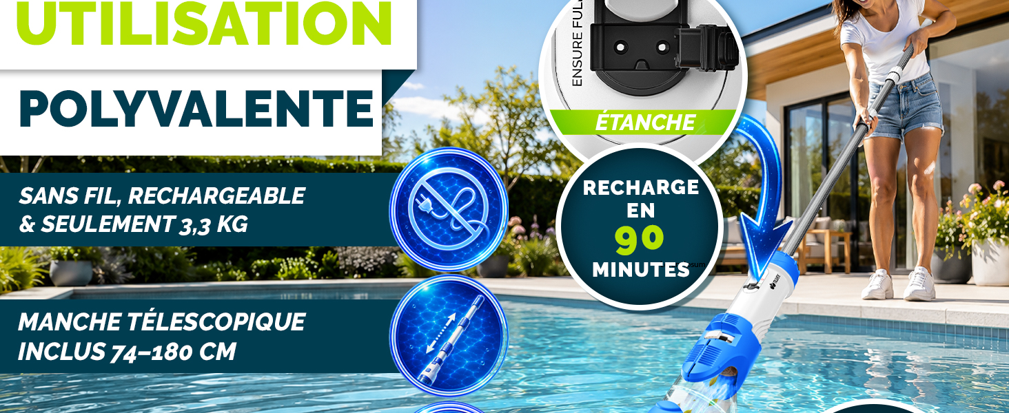 Le texte indique « UTILISATION POLYVALENTE », « SANS FIL RECHARGEABLE 3 EN 1 », « SEULEMENT 3,5 KG », « MANCHE TÉLESCOPIQUE INCLUSE 74-180 CM », « TANCHE », « RECHARGE EN 30 MINUTES, « Q-MAX MODE », « SELECTION INTELLIGENTE DU MODE POUR UNE PERFORMANCE DE NETTOYAGE MAXIMALE ». Les graphiques promotionnels montrent les contextes d'utilisation des équipements de nettoyage de piscine.