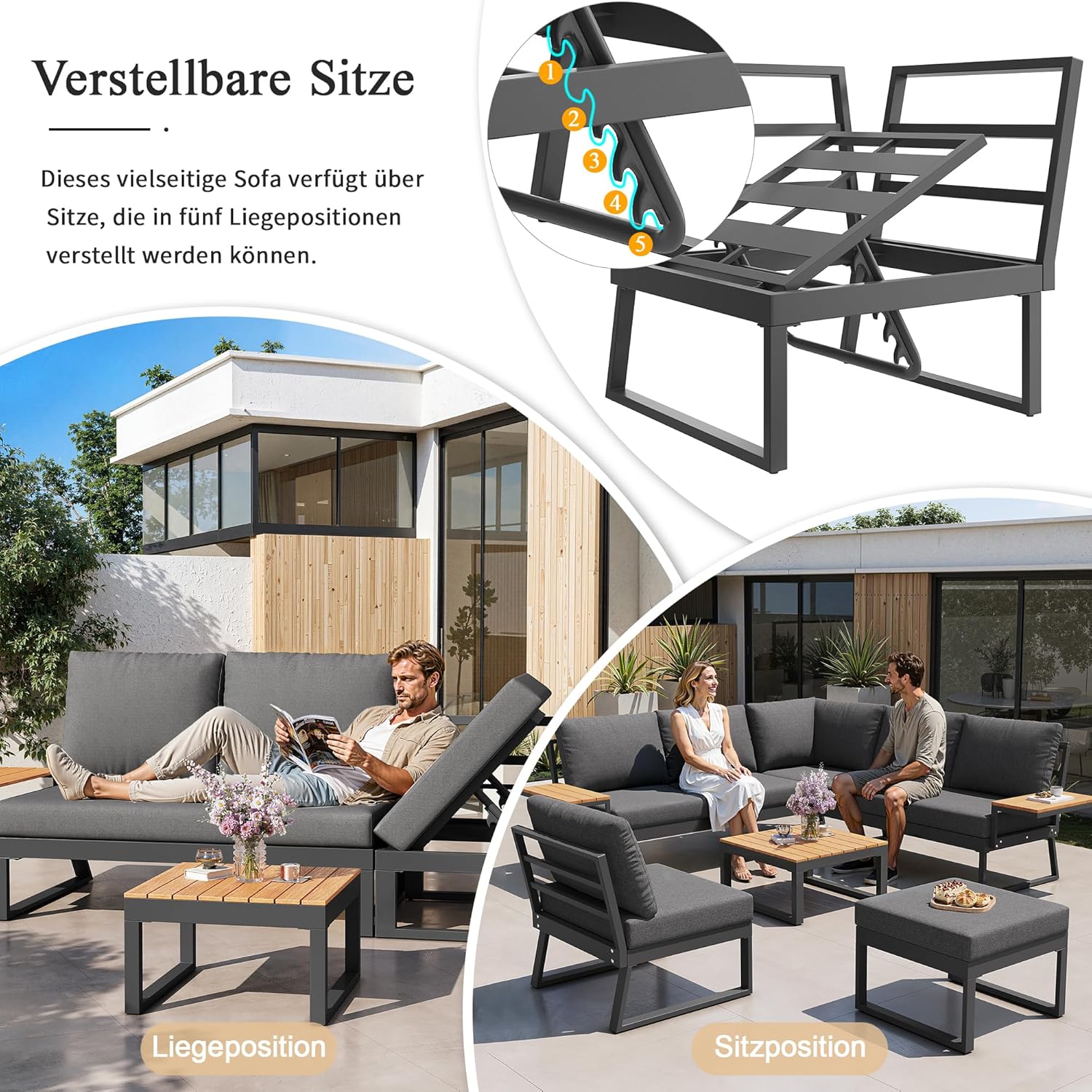 Sapgaks - salon de jardin 7 places, angle inclinable, coussins, table basse - F-Gris