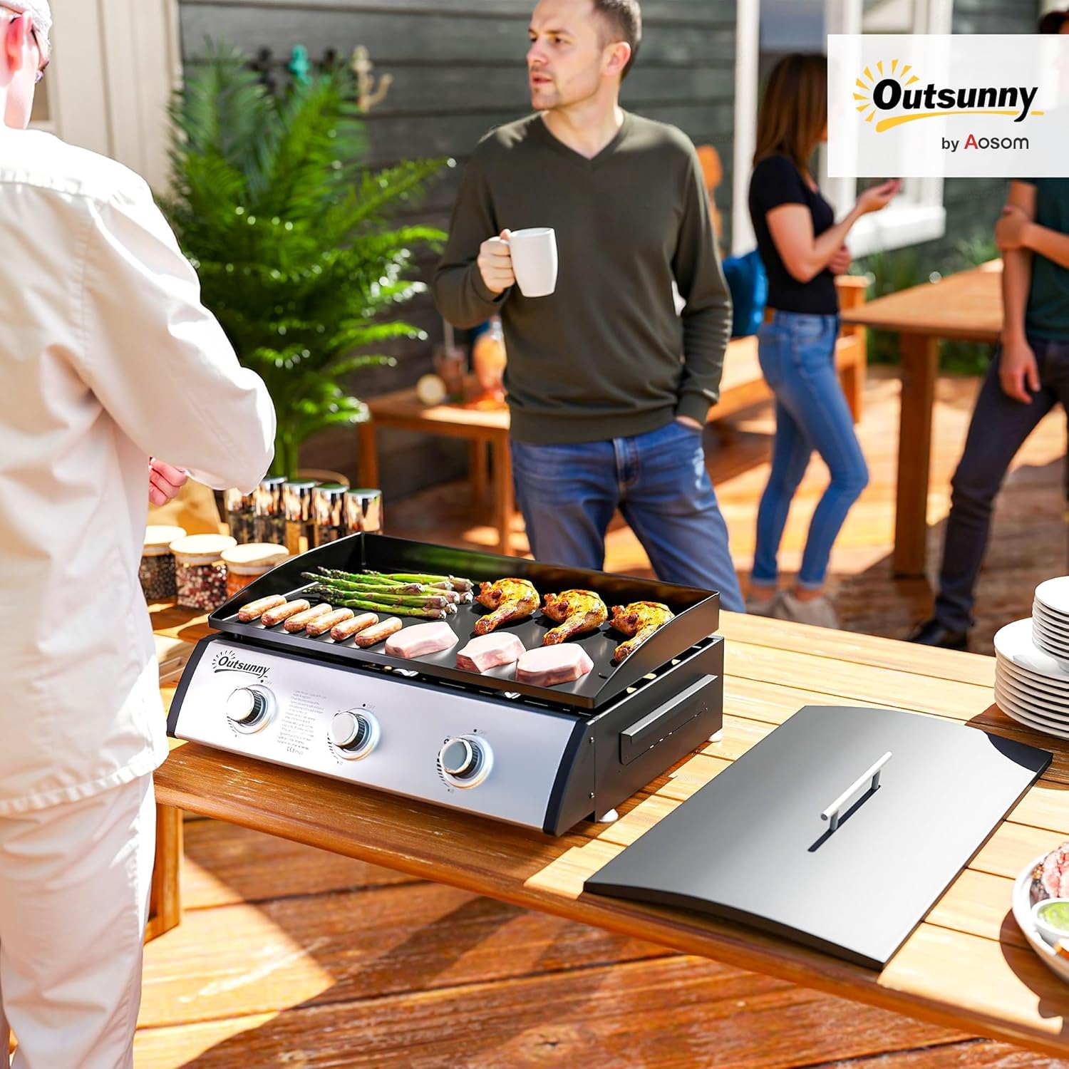 Outsunny - Plancha gaz 3 brûleurs, 61x35,5cm, couvercle, portable, 7,5kW