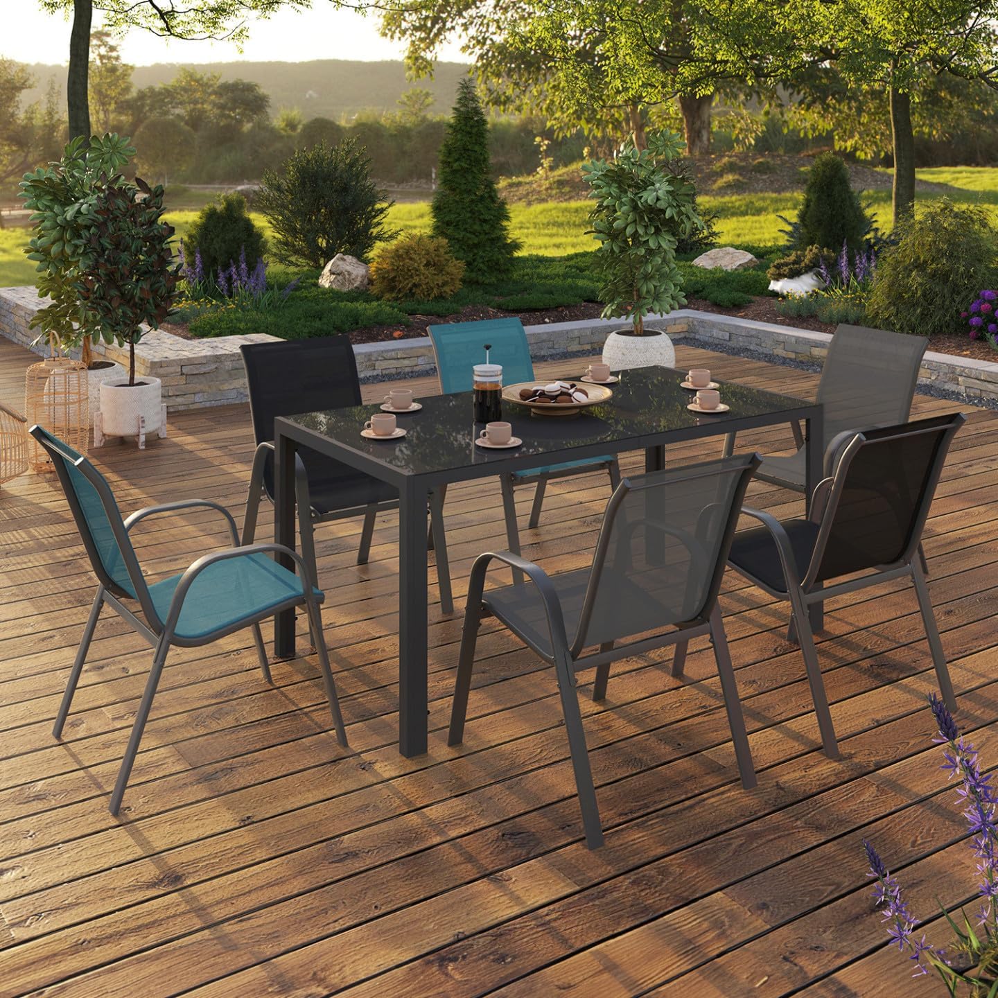 IDMarket - Salon Madrid - Table 150 cm, 6 chaises mix gris/noir/bleu