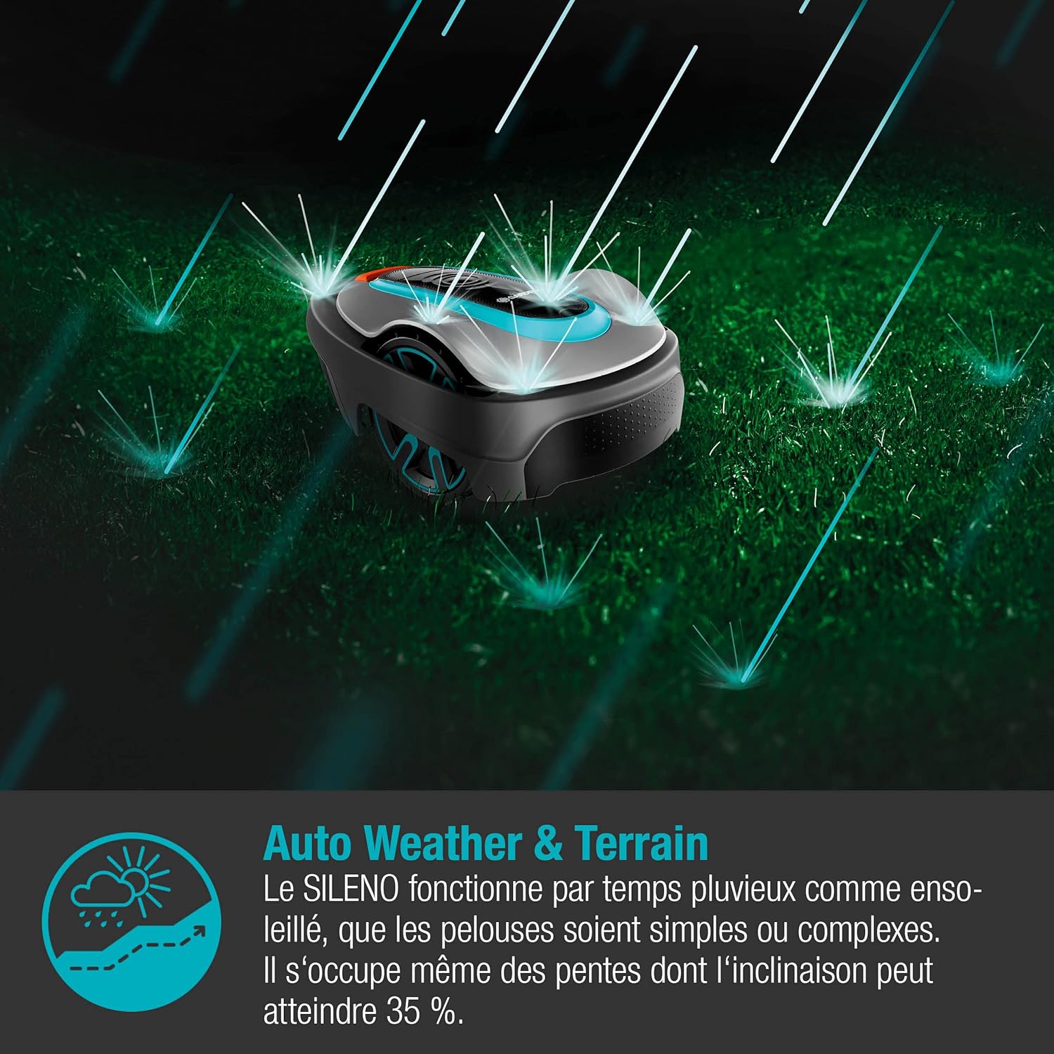 Gardena - Sileno City 250 - 250m² - Tond pluie, passages étroits, Bluetooth, silencieuse, capteur gel, automatique - 150