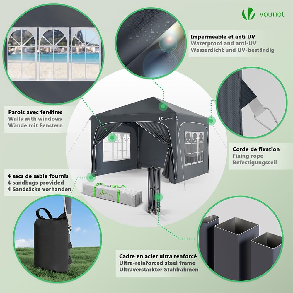 VOUNOT - tonnelle pliante série jardin 3x3m, anti-UV, imperméable, hauteur réglable, sac transport