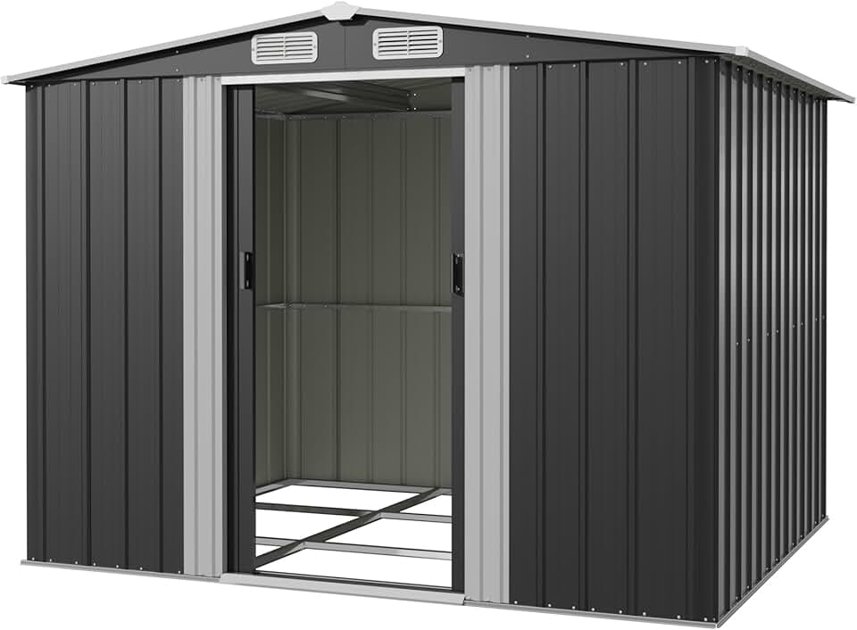 Devoko Abri de Jardin Métallique 8x6ft, Grand Rangement Extérieur pour Outils, Vélos et Poubelles, Toit Penté et Ventilation Inclus, Résistant aux Intempéries, pour Jardin, Terrasse et Pelouse, Noir
