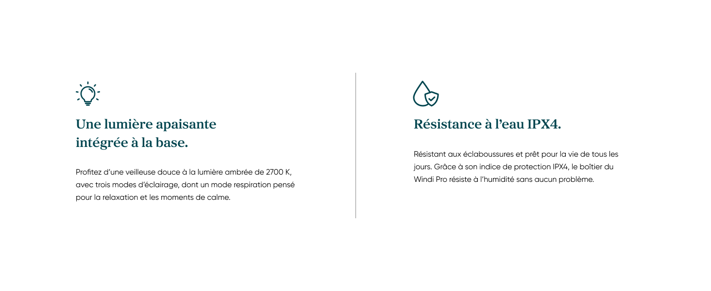 Le texte indique « Une batterie apaisante intégrée à la base » et « Résistance à l'eau (IPX4) ». Deux icônes avec des descriptions en français de la batterie de l'appareil de massage et de ses capacités de résistance à l'eau.