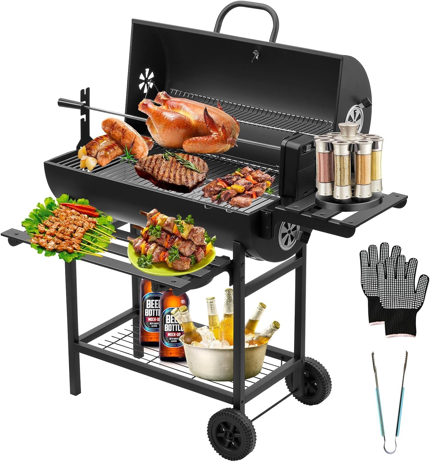 TEENO - Barbecue charbon de bois XL, tiroir cendres, thermomètre, grill poulet