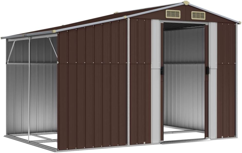 Abri de jardin en acier galvanisé 277 x 192,5 x 179 cm avec support pour bois de chauffage et toit incliné pour outils de jardin et meubles, abri de jardin en métal robuste avec ventilation