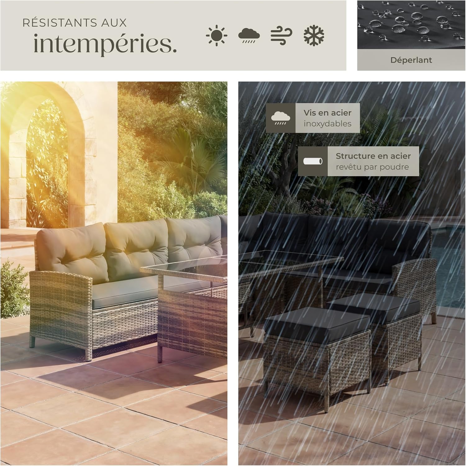 tectake - Salon de Jardin Modulable Angle - rotin - coussins inclus