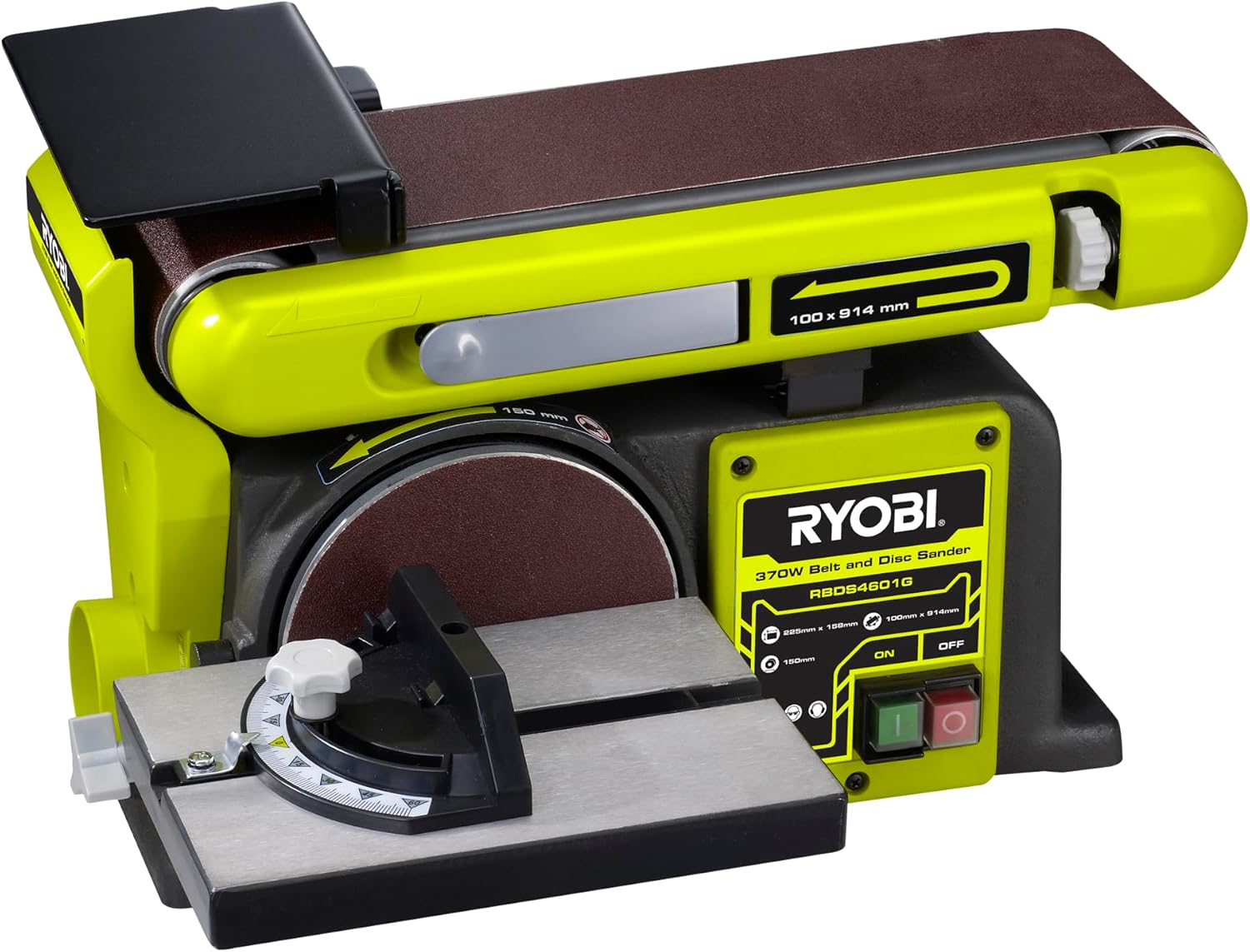 RYOBI - Ponceuse à Bande et a disque RBDS4601G – Moteur 370W, Bande 100x914 mm, Disque Ø150mm, Buse d’aspiration, Butée, Idéale Bois et Métaux – Outil Stationnaire pour Atelier