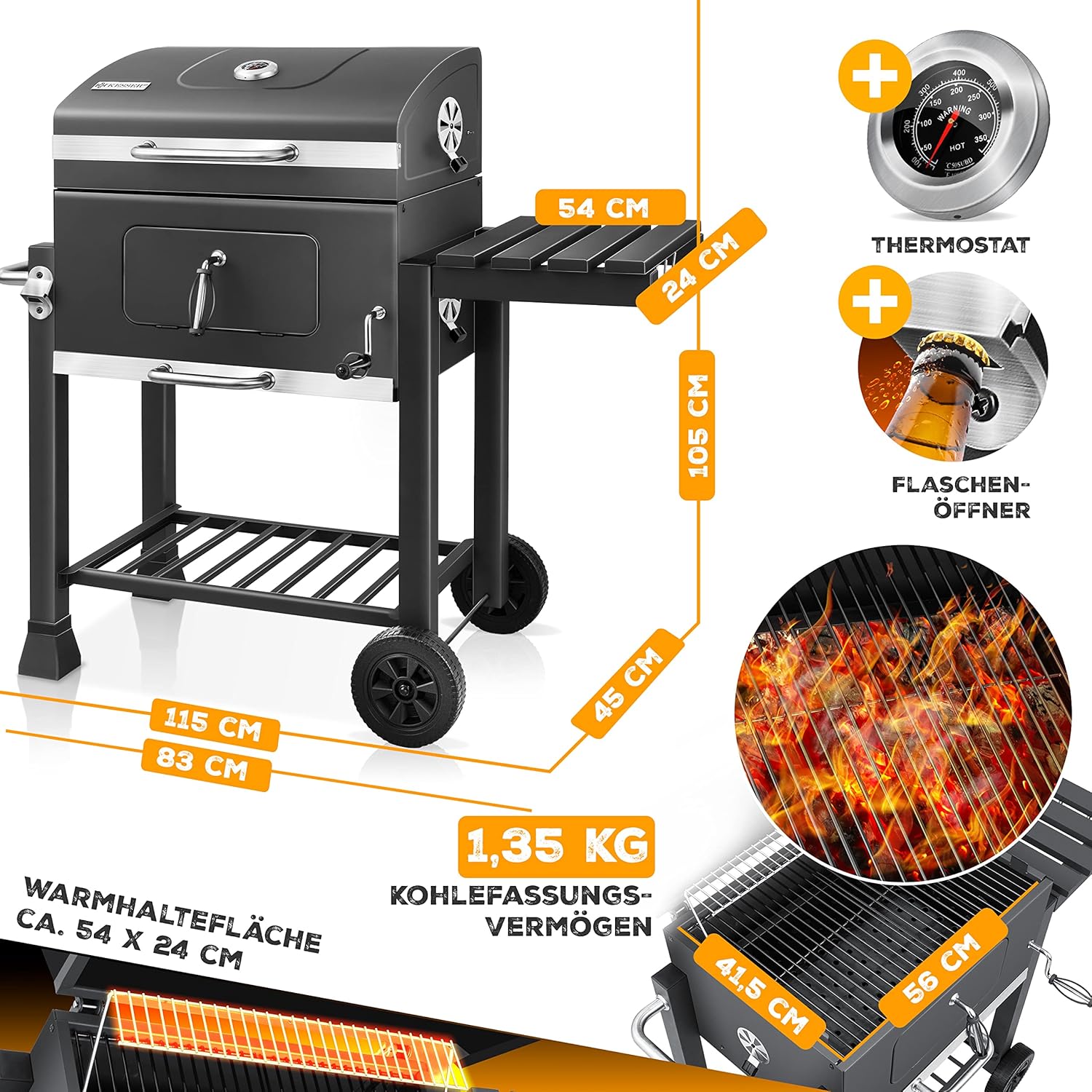 KESSER - Chariot Barbecue XL - grille, couvercle, thermomètre, inox, roues