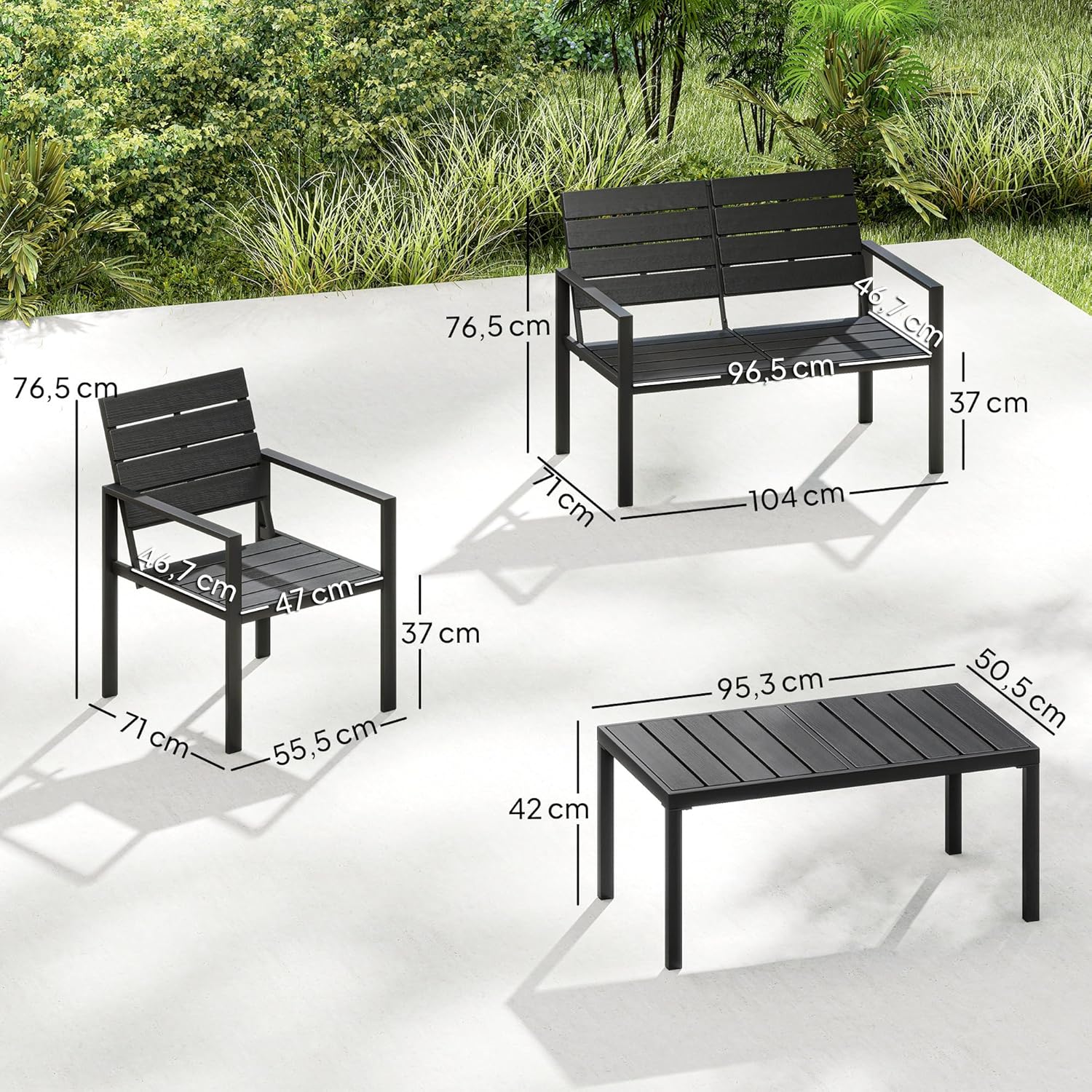 Outsunny - salon de jardin 4 pièces - canapé 2 places, table basse, fauteuils, noir