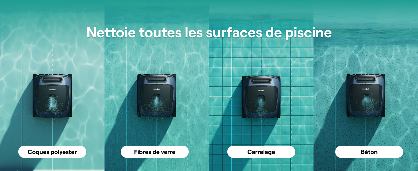 Le texte indique « Nettoyez toutes les surfaces de piscine ». Affichage de l'équipement de nettoyage de piscine montrant quatre accessoires ou têtes de nettoyage différents sur fond bleu.