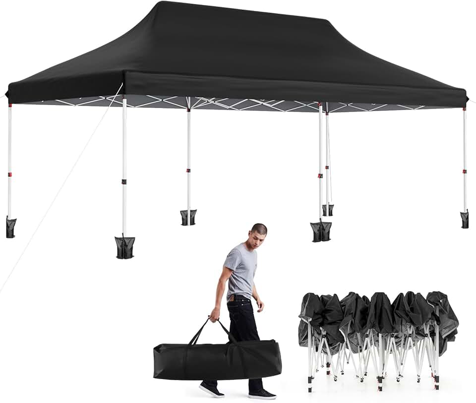 GOPLUS Tonnelle Pliante 3x6m Imperméable, Tonnelle Barnum Pliante 3x6 de Jardin Exterieur, Sac de Transport, Sac Lesté, Pavillon de Jardin Pop-Up pour Fête, Mariage (Noir|sans Bâche)