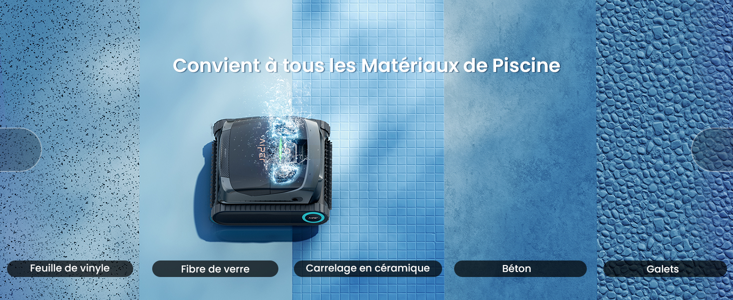Le texte indique « Convient à tous les Motards de Piscine » (Convient à tous les motards de piscine). Montre un appareil robotique sous-marin avec un fond bleu de motif d'interface numérique. La barre de menu inférieure est partiellement visible.