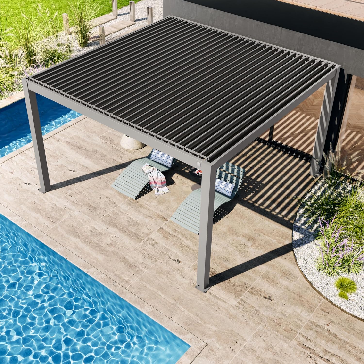 PRIMEYARD - Pergola aluminium, lames orientables, 4x4 m, gris