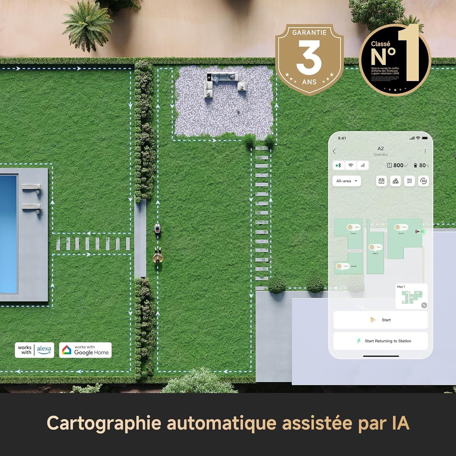 Dreame - A2 série - robot tondeuse 3000m², LiDAR 3D, caméra IA, pente 26,5° - A2 3000