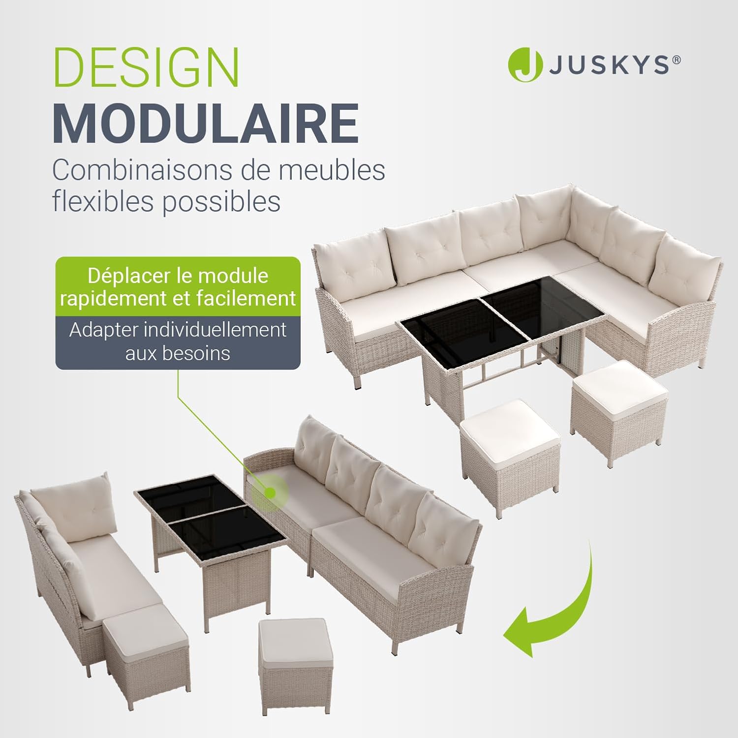 Juskys - Salon Manacor - canapé d’angle, table, 2 poufs, crème,  jardin