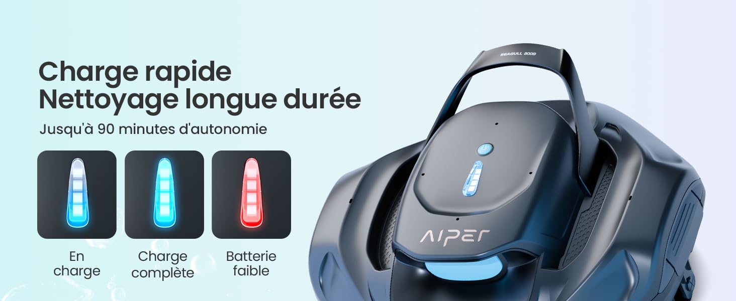 Le texte indique « Charge rapide » et « Nettoyage longue durée » avec « Jusqu'à 90 minutes d'autonomie ». L'image montre un haut-parleur portable bleu et noir avec trois icônes d'indicateur de charge affichant les niveaux de charge et la durée de vie de la batterie.