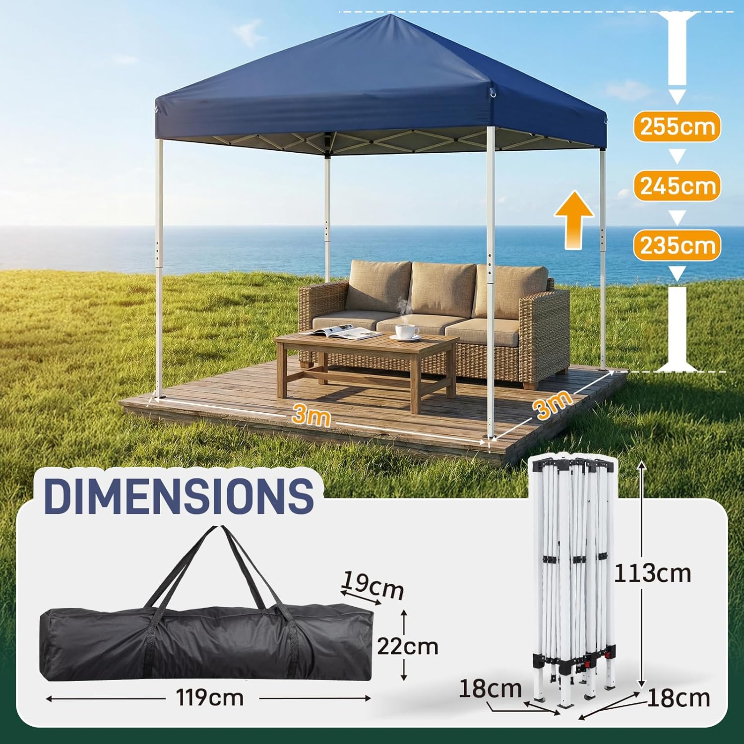 LEADZM - tonnelle pliable série, 3x3m, imperméable, anti-UV, hauteur ajustable, 4 moustiquaires, structure stable, bleu