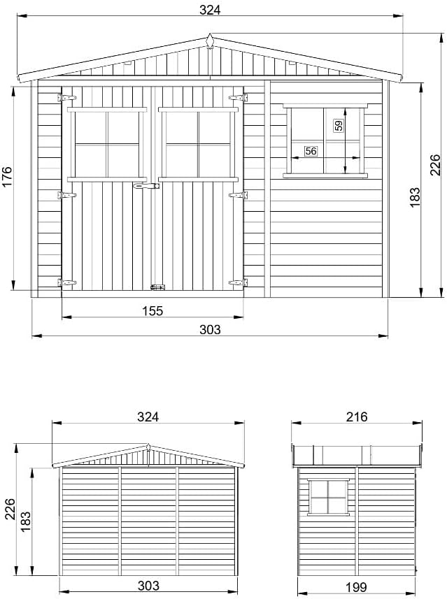 Abri de Jardin en Bois Exterieur avec Les PLANCHERS IMPRÉGNÉ- Cabane de Jardin en Pin/épicéa-H226x324x216 cm/6m2- Construction de Panneaux- Rangement pour vélos, Remise à Outils- Timbela M334+M334G