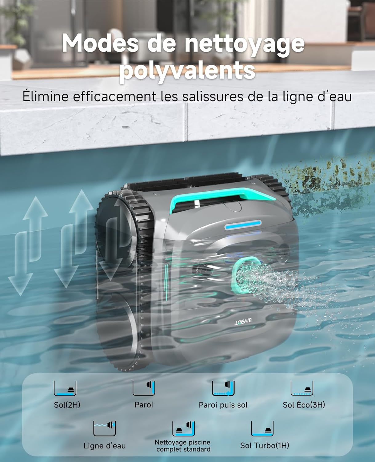 WYBOT C2 Robot Piscine sans Fil, Double Filtration, 3 Moteurs, Aspiration Puissante, Nettoyage Fond et Parois & Ligne d'eau, 180 Min, pour Piscines Enterrées 150㎡, App(Vert Gris foncé-Vert)