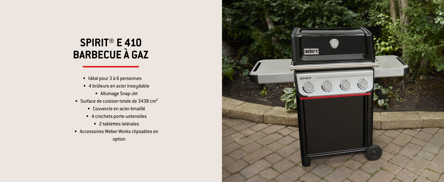 Le texte indique « SPIRIT E-410 » et « BARBECUE 4141 ». Plusieurs vues d'un barbecue à gaz extérieur noir avec trois brûleurs, des étagères latérales et des roues pour faciliter la mobilité.
