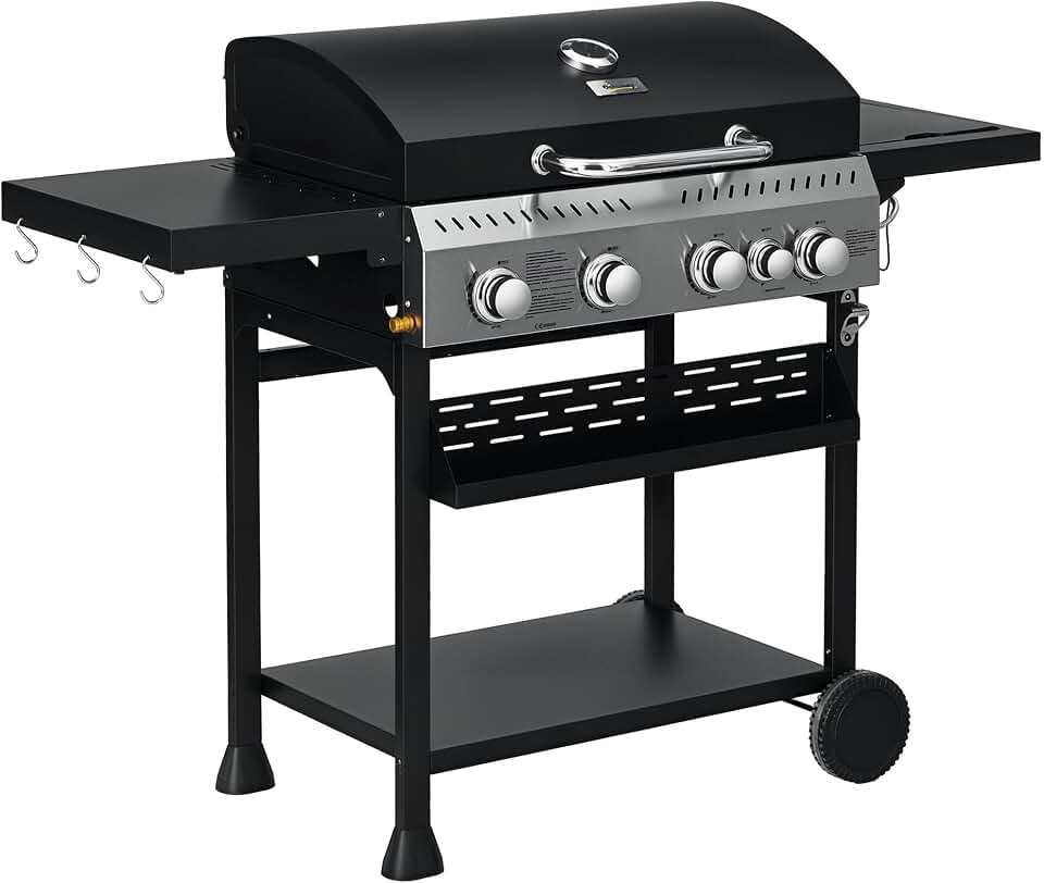 Outsunny - Barbecue gaz 4+1 brûleurs 12,5kW - roulettes, étagères