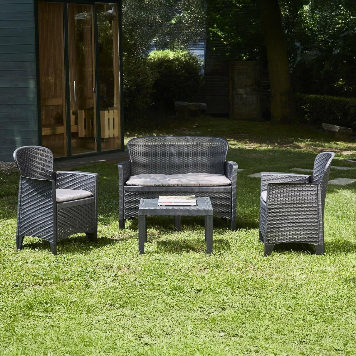 Dmora - Ostuni salon de jardin - 2 fauteuils, canapé, table basse, coussins, effet rotin, anthracite