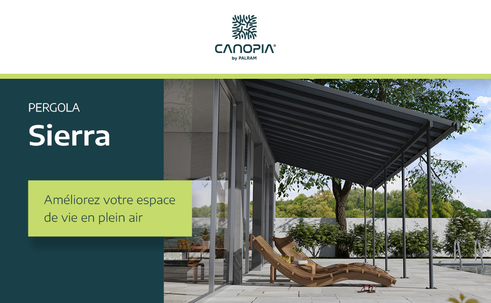 « Sierra » présentée en extérieur avec chaises longues. Le texte fait la promotion de l'amélioration de l'espace de vie extérieur.